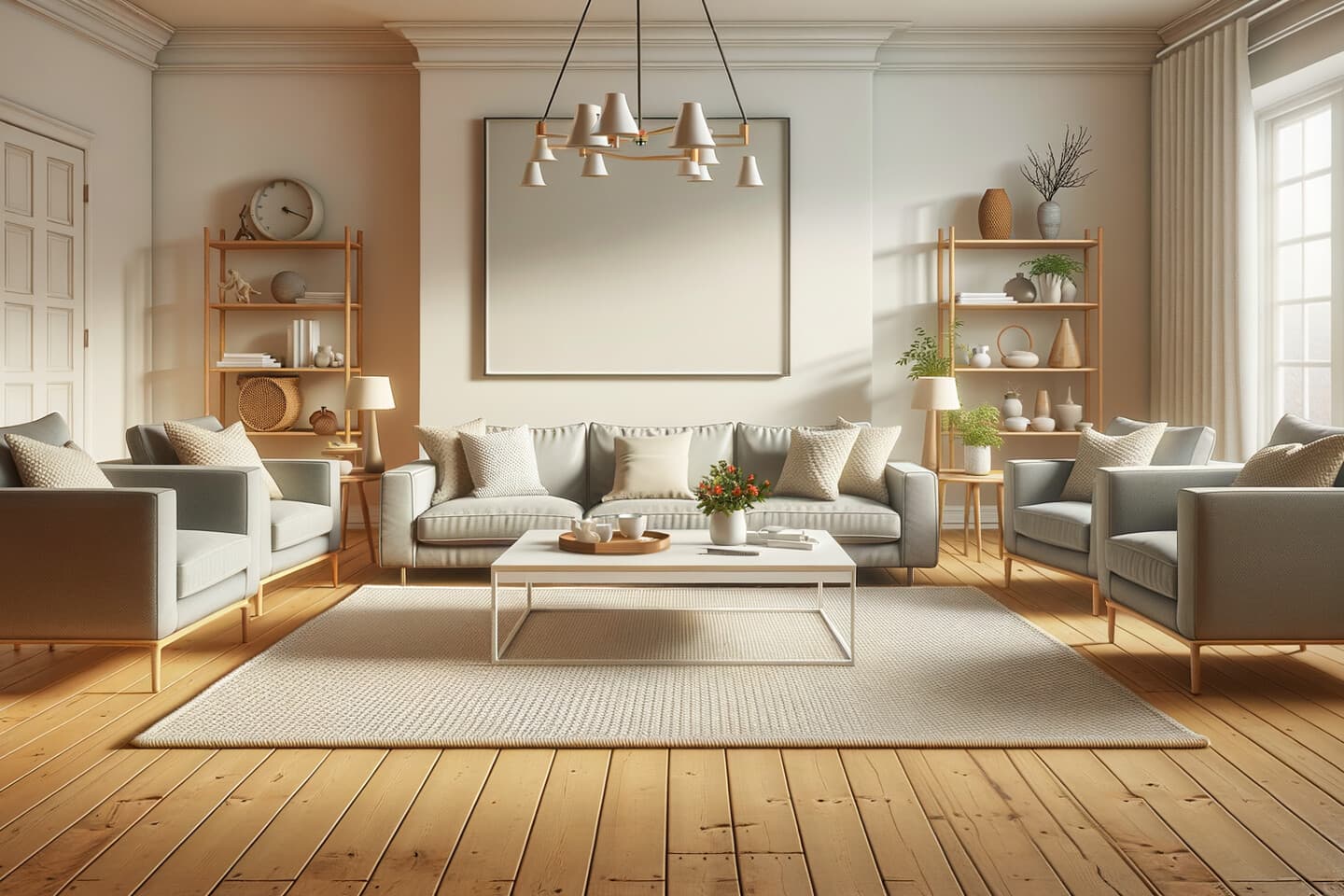 Vardagsrum med för liten matta som bara täcker soffbordet – vanligt misstag