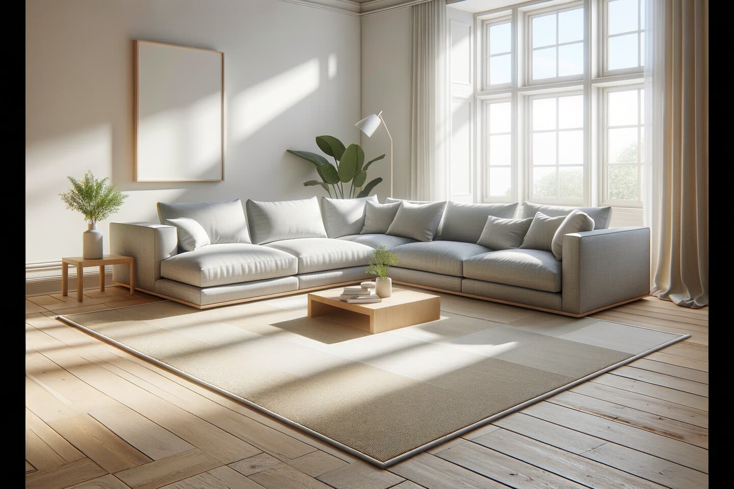 Matta under L-soffa i vardagsrum – rätt storlek och placering visad ovanifrån