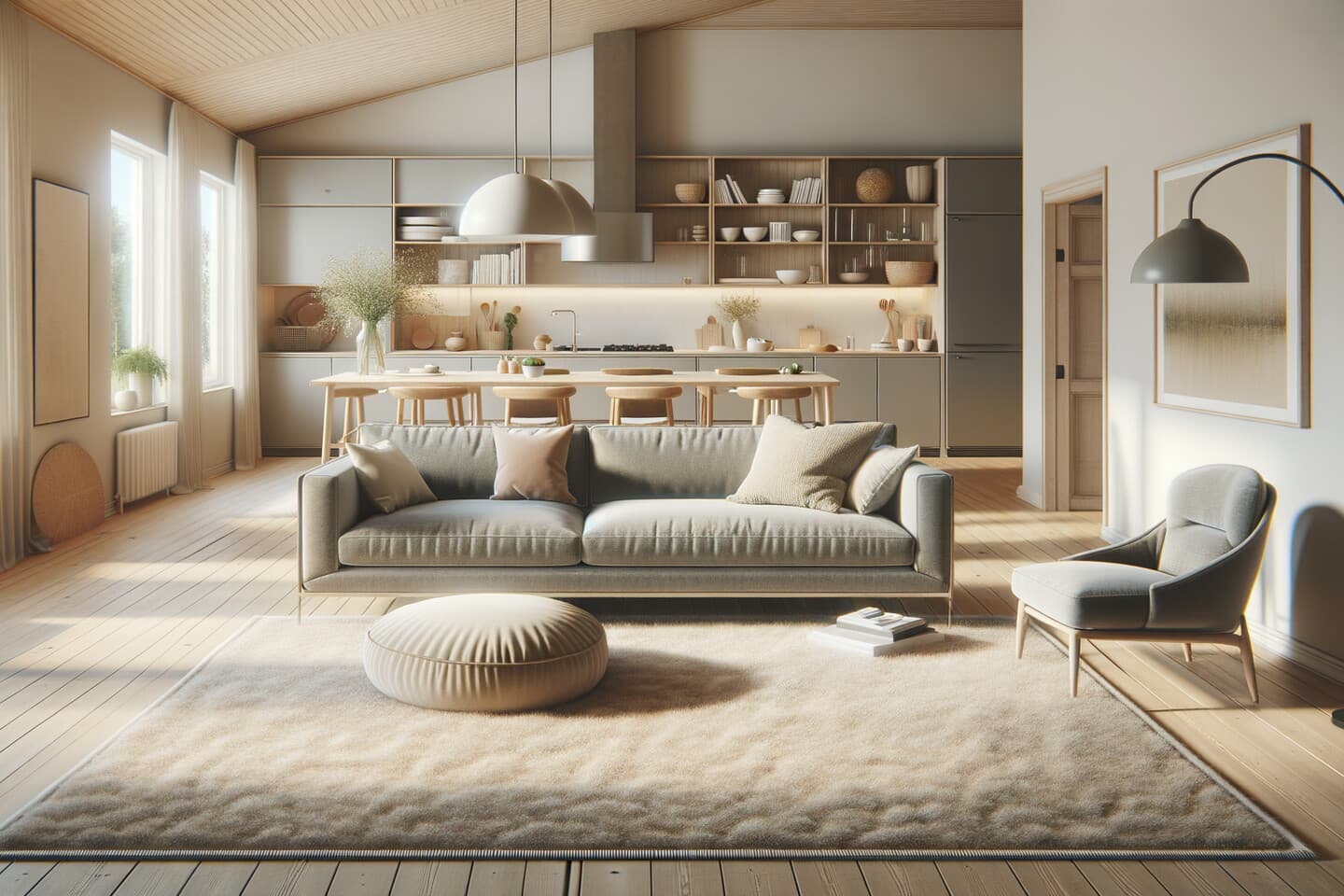 Matta under soffgrupp i öppen planlösning med kök i bakgrunden