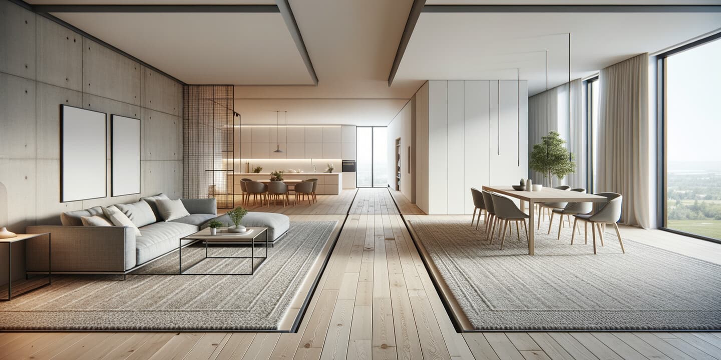 Öppen planlösning med zonindelning – vardagsrumsmatta och matplatsmatta separerar funktioner