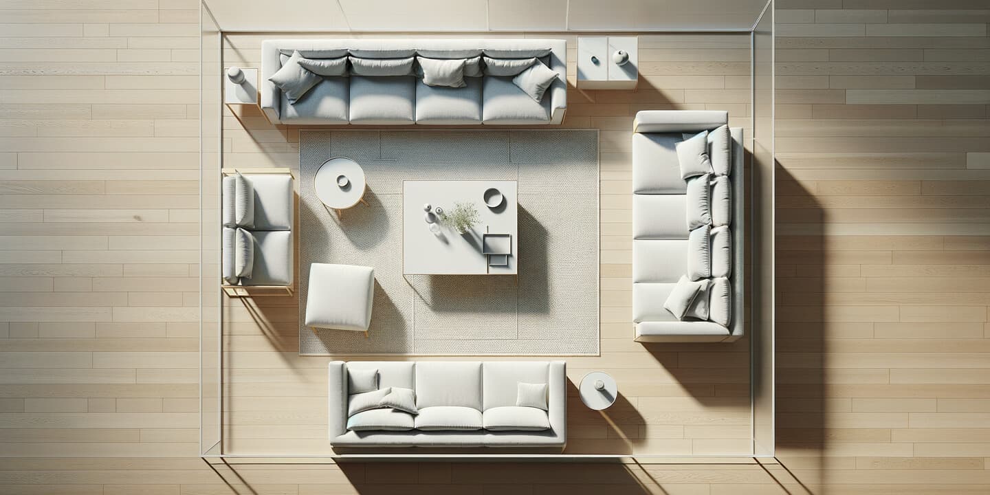 Korrekt placering av vardagsrumsmatta – diagram ovanifrån med soffa, soffbord och matta