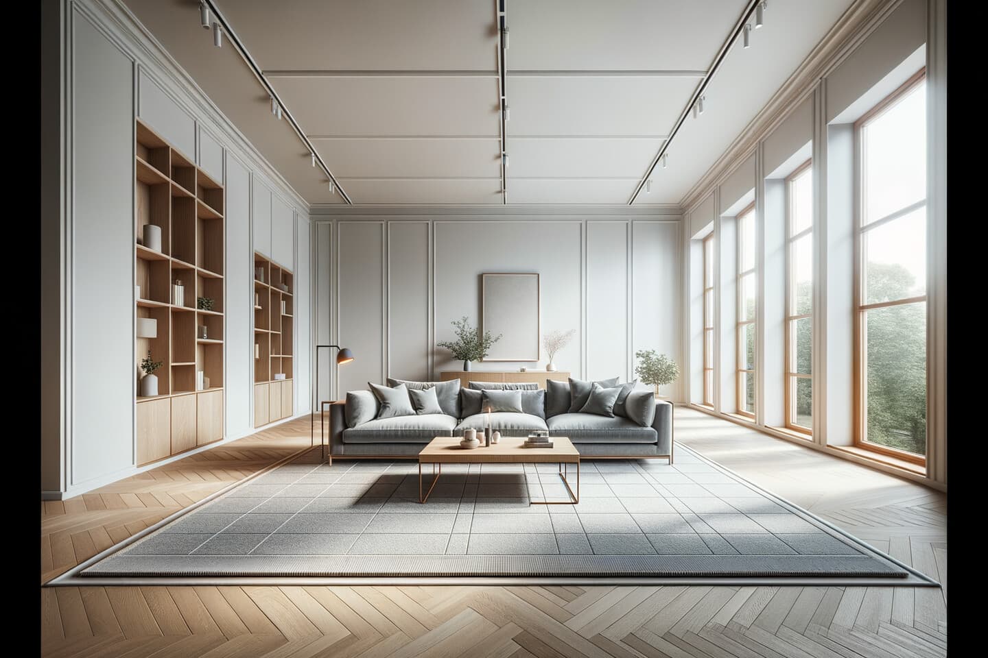 Vardagsrum med matta placerad parallellt med soffa och väggar – rätt mattplacering