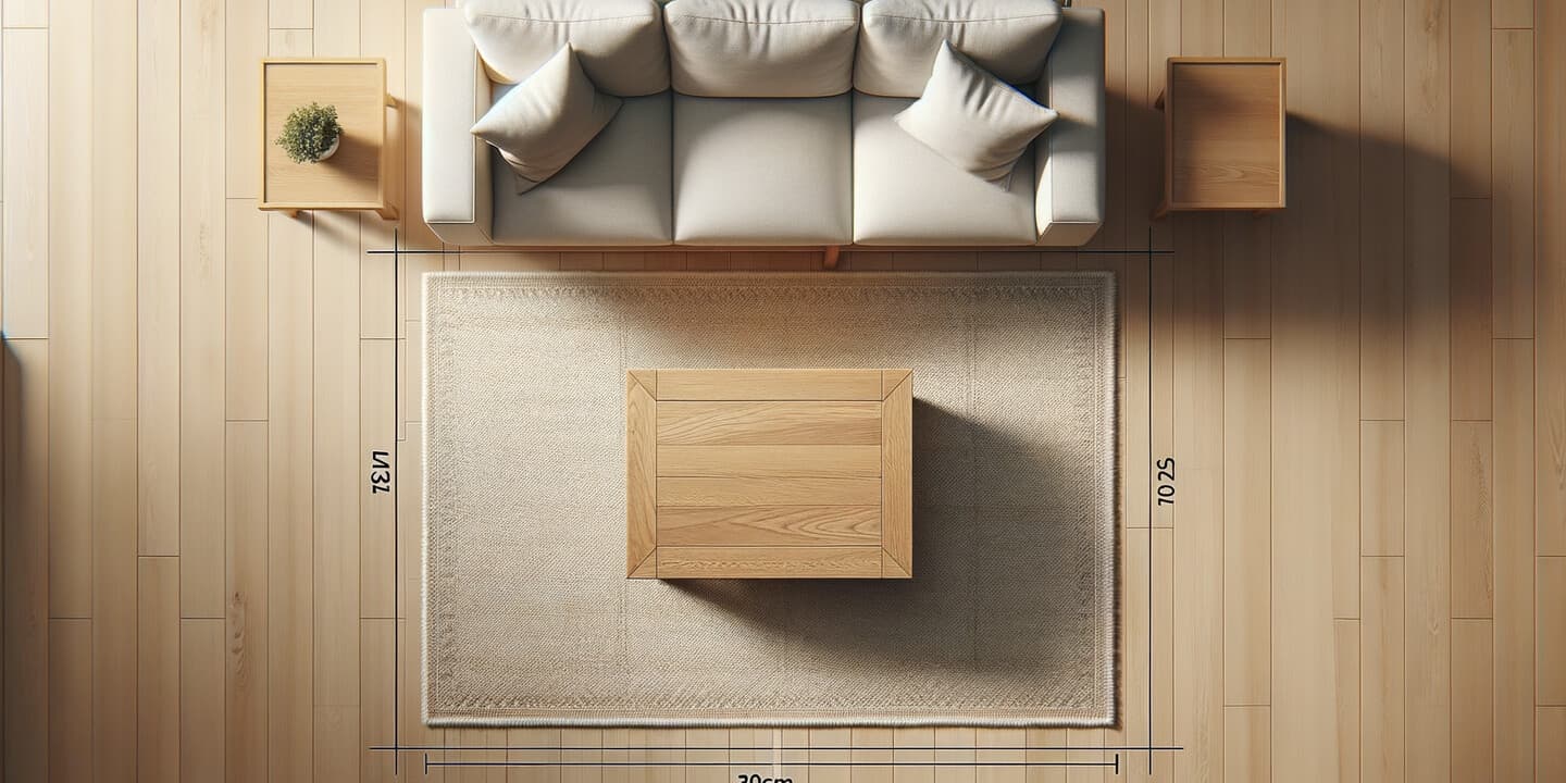 Soffbord centrerat på vardagsrumsmatta med soffa – korrekt placering ovanifrån