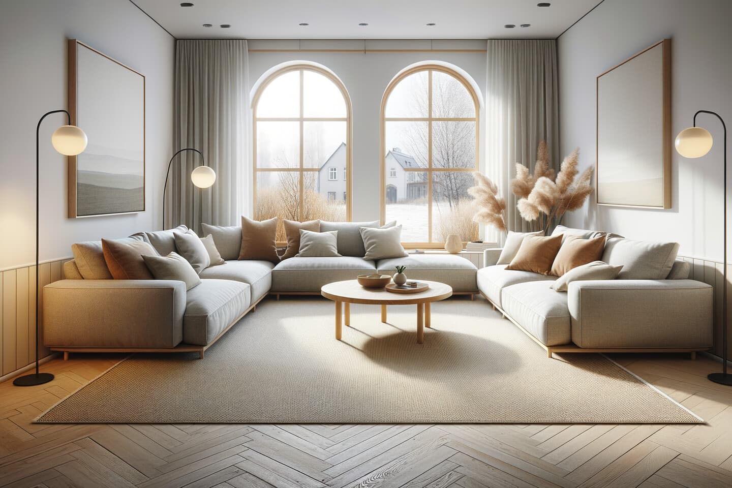 Stor vardagsrumsmatta under soffgrupp med tresits och tvåsits soffa