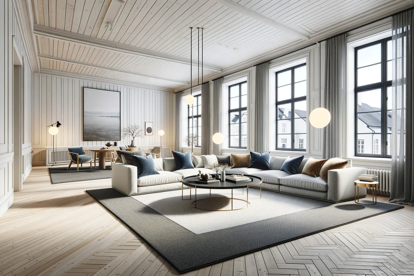 Stor vardagsrumsmatta i rymligt vardagsrum med soffgrupp och fåtöljer